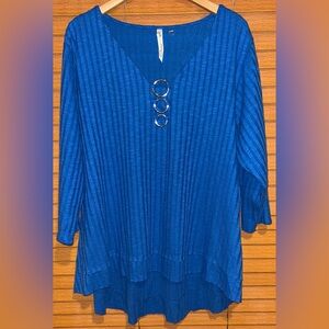 NY Collection Royal Blue Ribbed V-Neck Top with Ring Accents SIZE 2XL